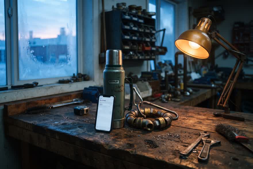 A workshop bench at dawn in Spokane with a thermos, pipe fittings and a phone showing a new email